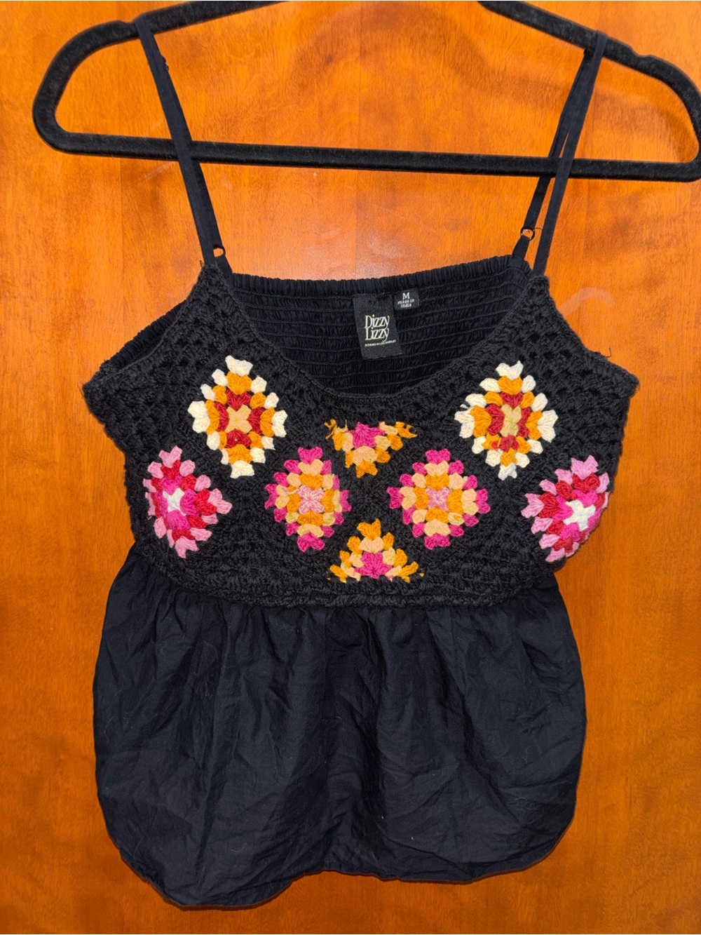 Dizzy Lizzy Black Crochet Crop Top with Pink, Yellow & Cream Floral Accents